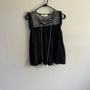 LOFT Black Tank with White Embroidered Yoke and Tassel Ties